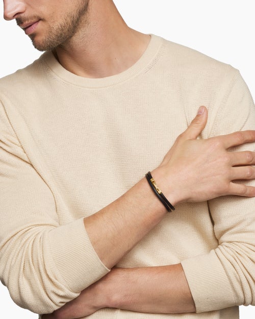 Mens Streamline® Double Wrap Bracelet in Black Leather with 18ct Yellow Gold, 5.2mm