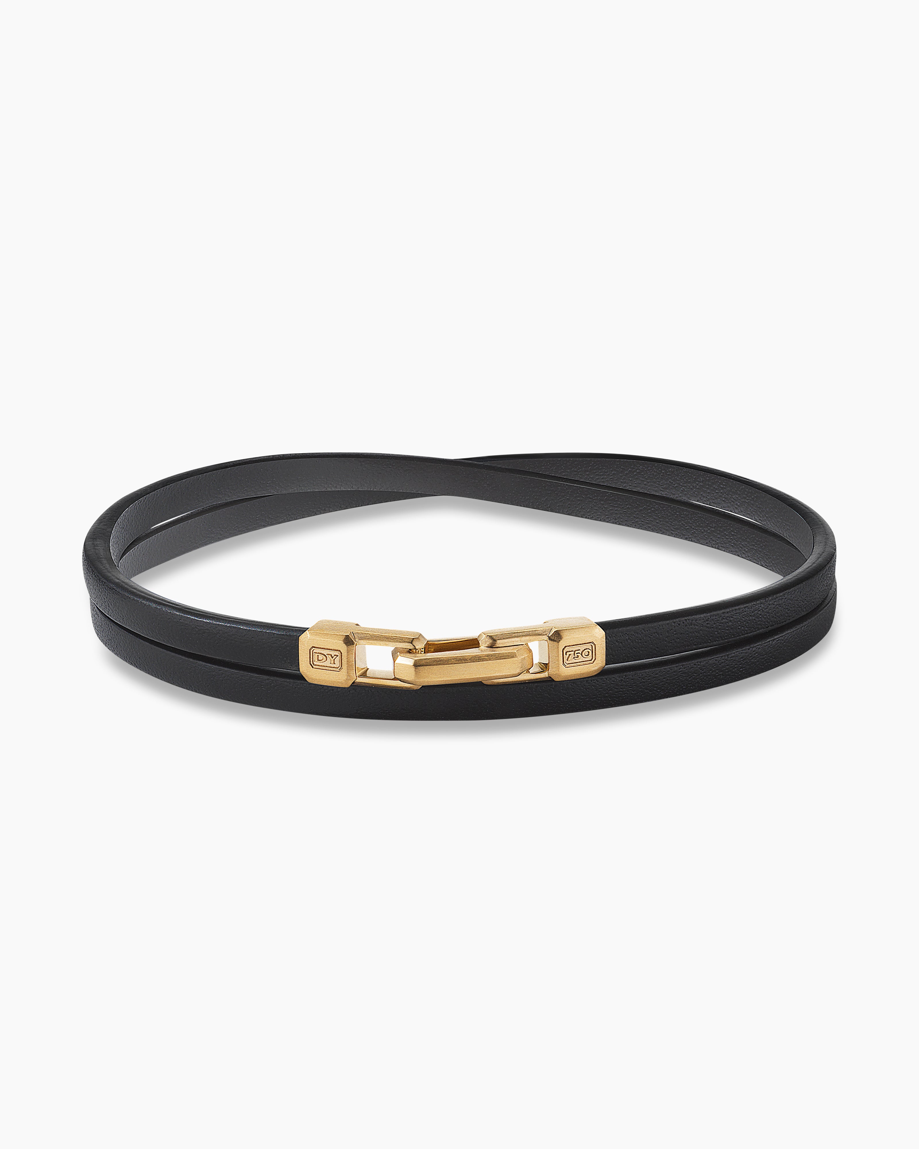 David Yurman Streamline Double Wrap Bracelet in Black Leather with 18K Yellow Gold