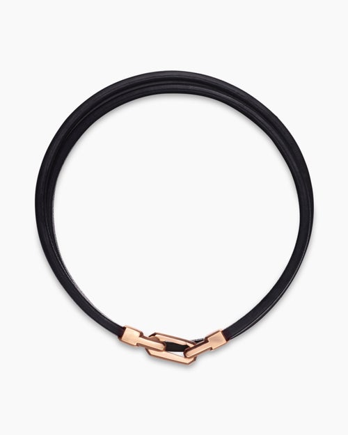 Mens Streamline® Double Wrap Black Leather Bracelet with 18ct Rose Gold, 5.2mm
