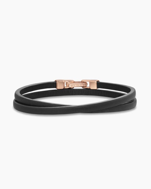 Mens Streamline® Double Wrap Black Leather Bracelet with 18K Rose Gold, 5.2mm