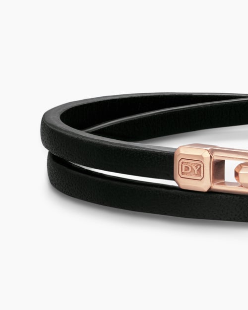 Mens Streamline® Double Wrap Black Leather Bracelet with 18K Rose Gold, 5.2mm