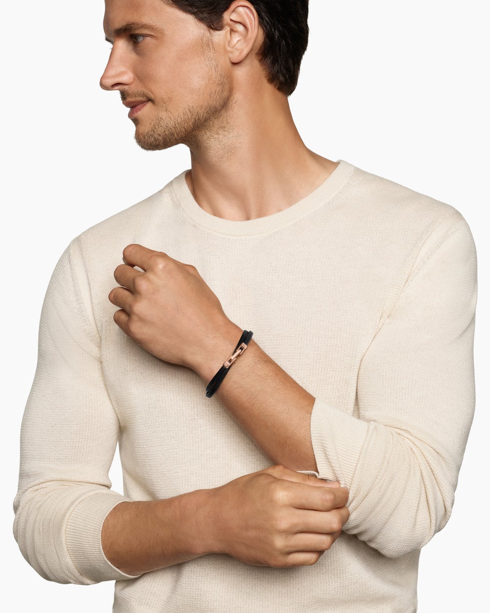 Mens Streamline® Double Wrap Black Leather Bracelet with 18ct Rose Gold, 5.2mm