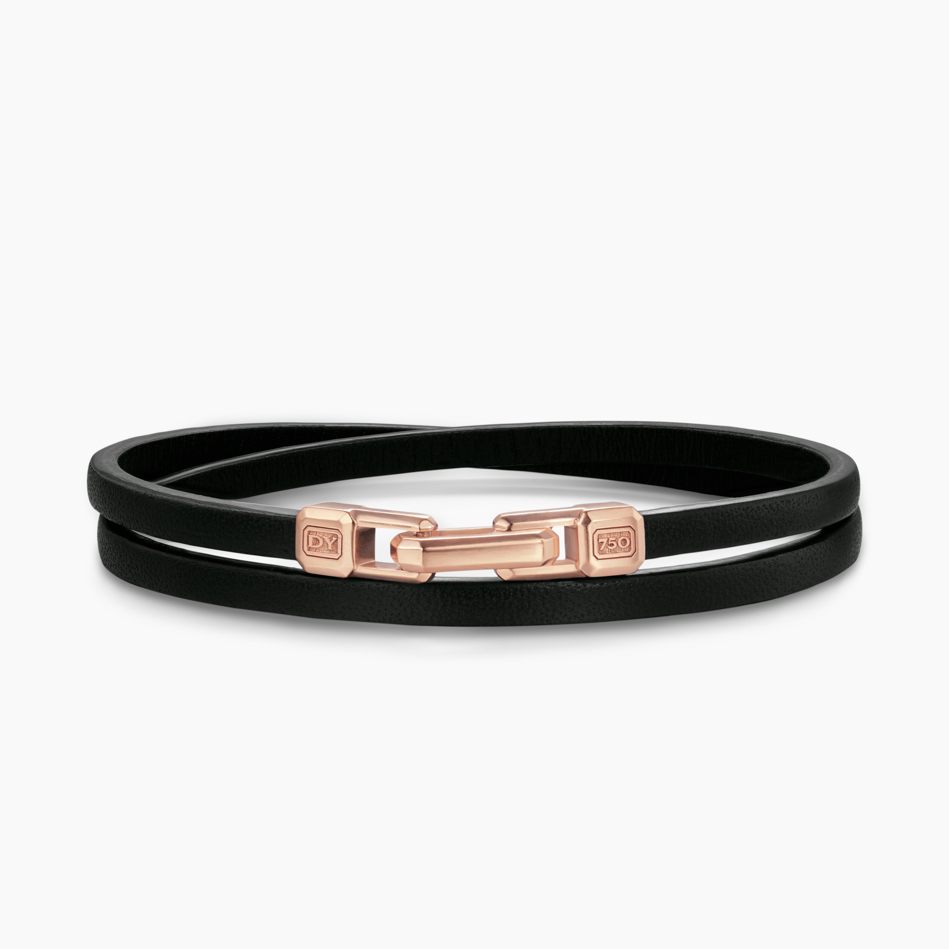 Mens Streamline Double Wrap Leather Bracelet with 18K Rose Gold, 5.2mm