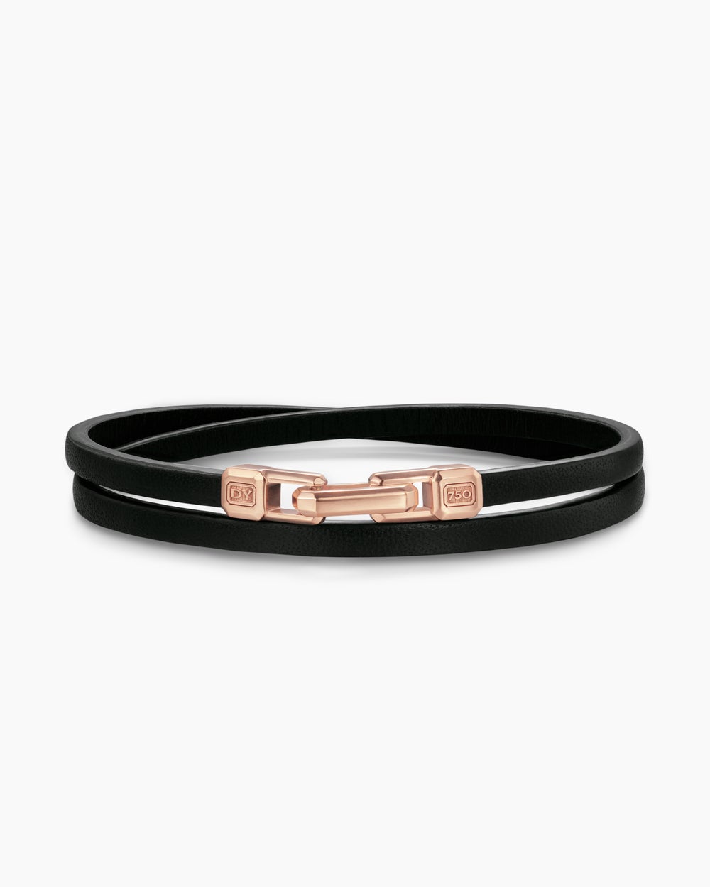 Mens Streamline® Double Wrap Black Leather Bracelet with 18ct Rose Gold, 5.2mm