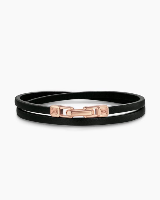 Streamline® Double Wrap Black Leather Bracelet with 18ct Rose Gold, 5.2mm