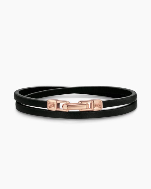 Mens Streamline® Double Wrap Black Leather Bracelet with 18ct Rose Gold, 5.2mm