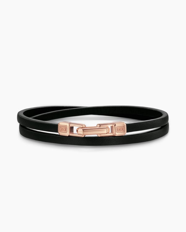 Streamline® Double Wrap Black Leather Bracelet with 18K Rose Gold, 5.2mm