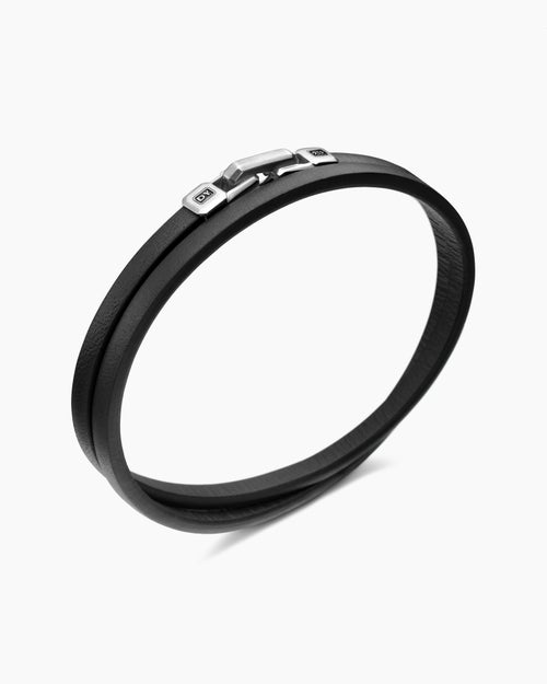 Mens Streamline® Double Wrap Bracelet in Black Leather with Sterling Silver, 5.2mm