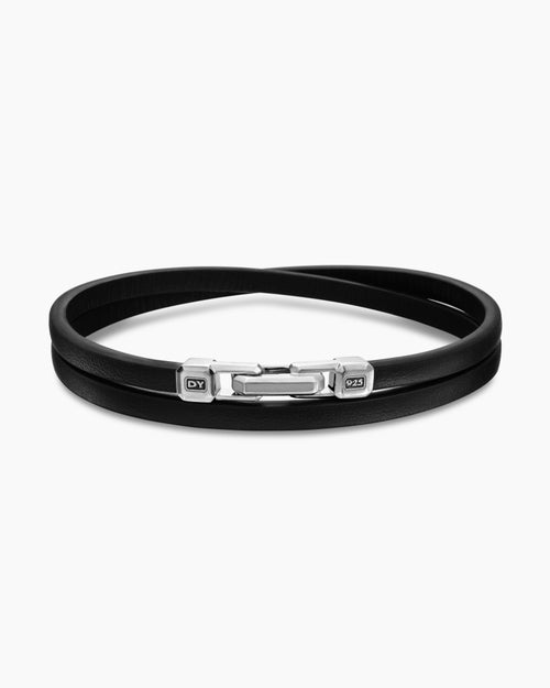 Mens Streamline® Double Wrap Bracelet in Black Leather with Sterling Silver, 5.2mm
