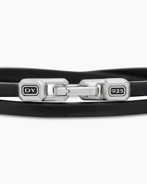 Mens Streamline® Double Wrap Bracelet in Black Leather with Sterling Silver, 5.2mm