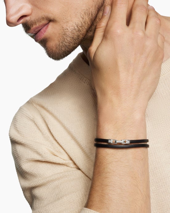 Streamline® Double Wrap Bracelet in Black Leather with Sterling Silver, 5.2mm