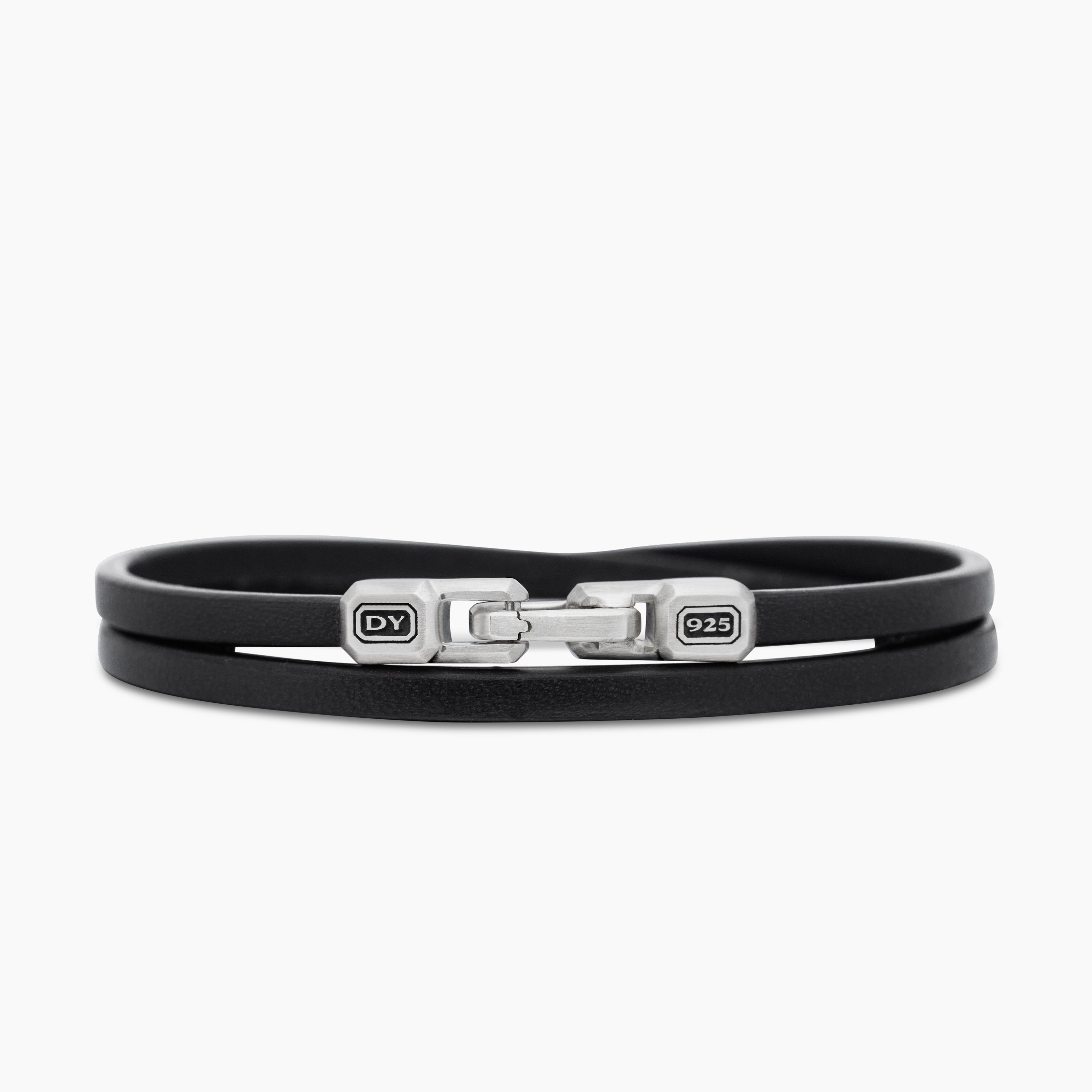 Mens Streamline Double Wrap Leather Bracelet with Sterling Silver, 5.2mm