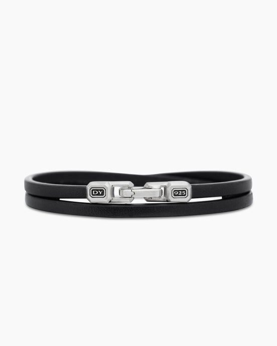 Streamline® Double Wrap Bracelet in Black Leather with Sterling Silver, 5.2mm