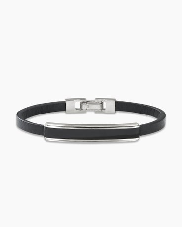 Deco Bar Station Bracelet in Black Leather with Sterling Silver and Black Onyx, 8.5mm