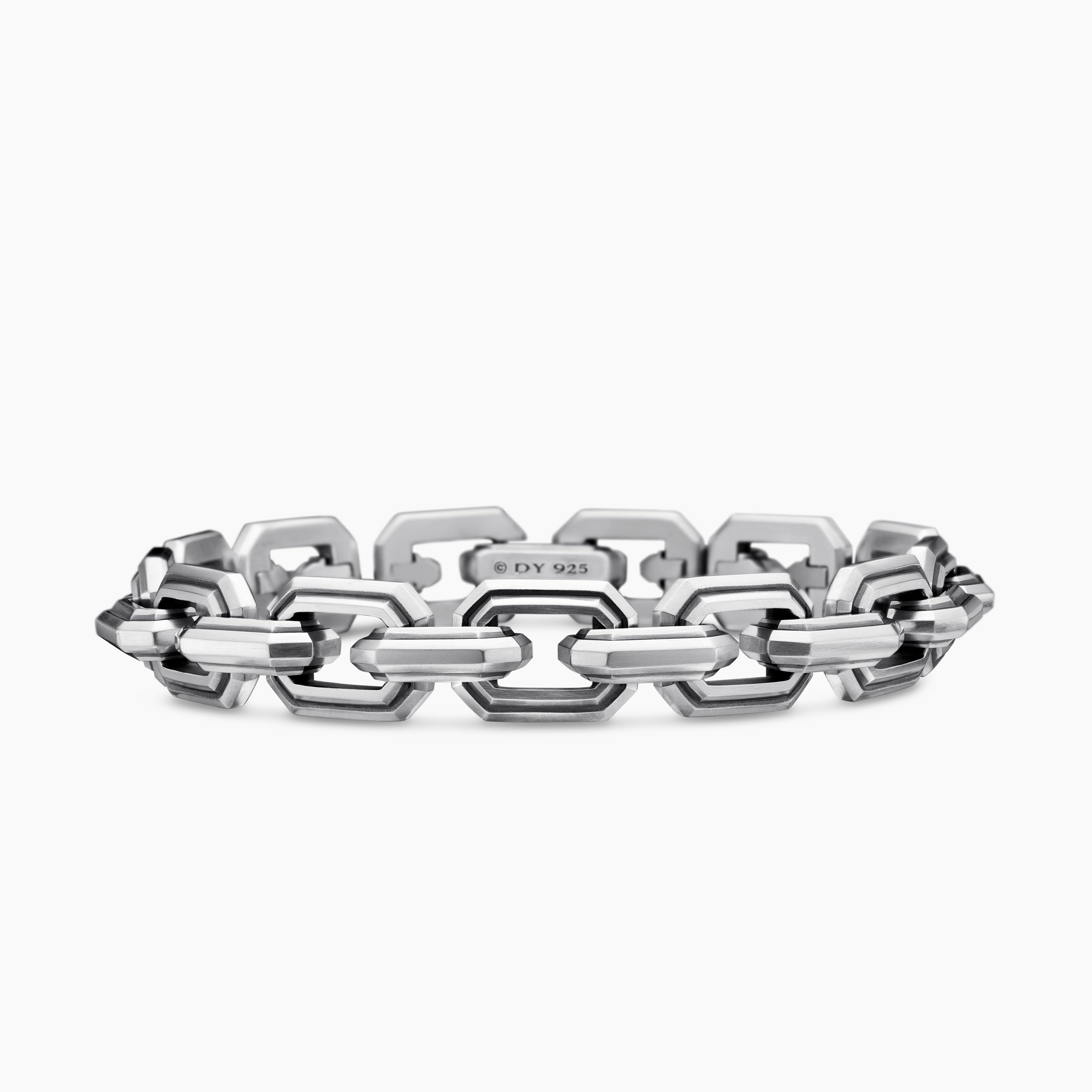 Mens Faceted Flat Link Bracelet in Sterling Silver, 11mm