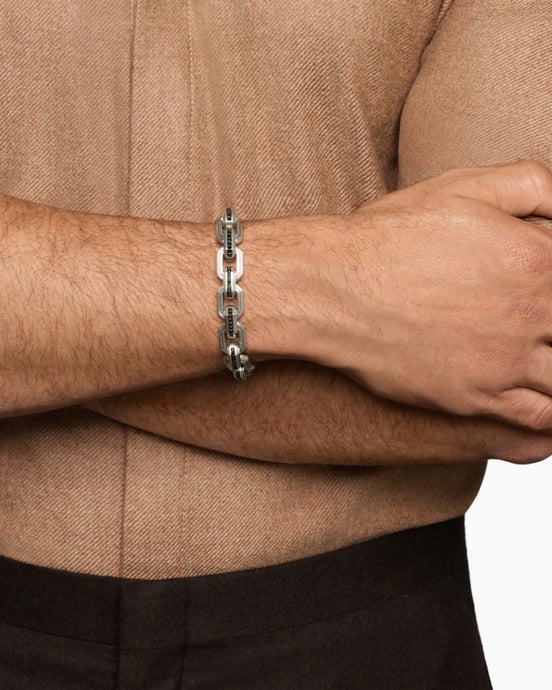 Bracelet à maillons plats Faceted en argent massif avec diamants noirs, 11 mm