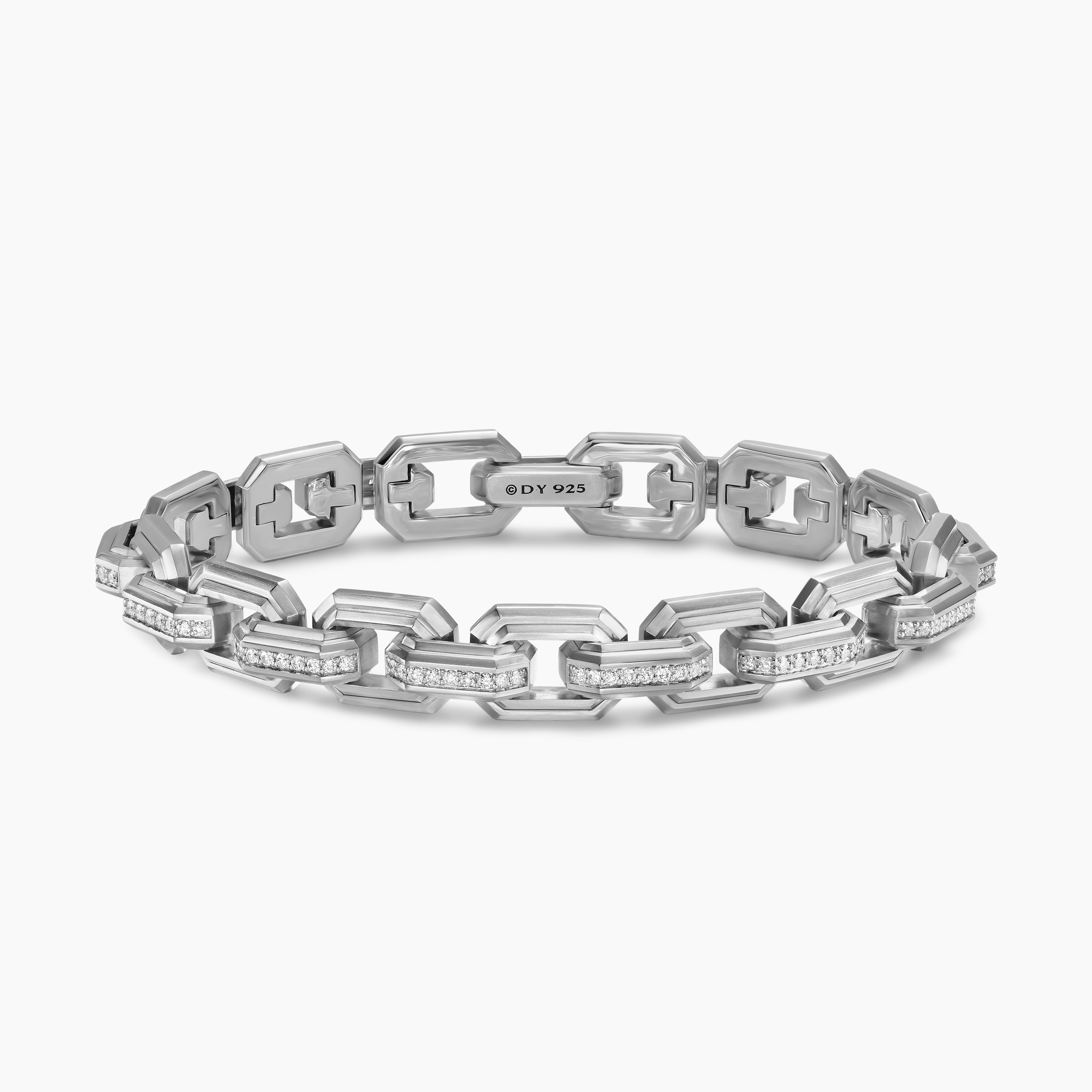 Mens Faceted Flat Link Bracelet in Sterling Silver, 11mm