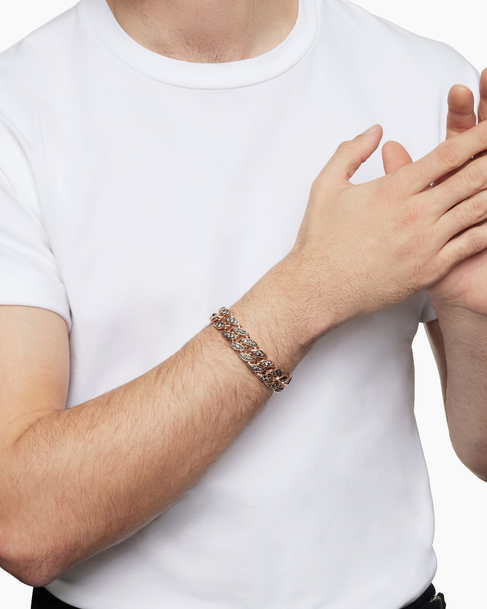 Mens Curb Chain Bracelet in 18K Rose Gold with Cognac Diamonds, 14.5mm