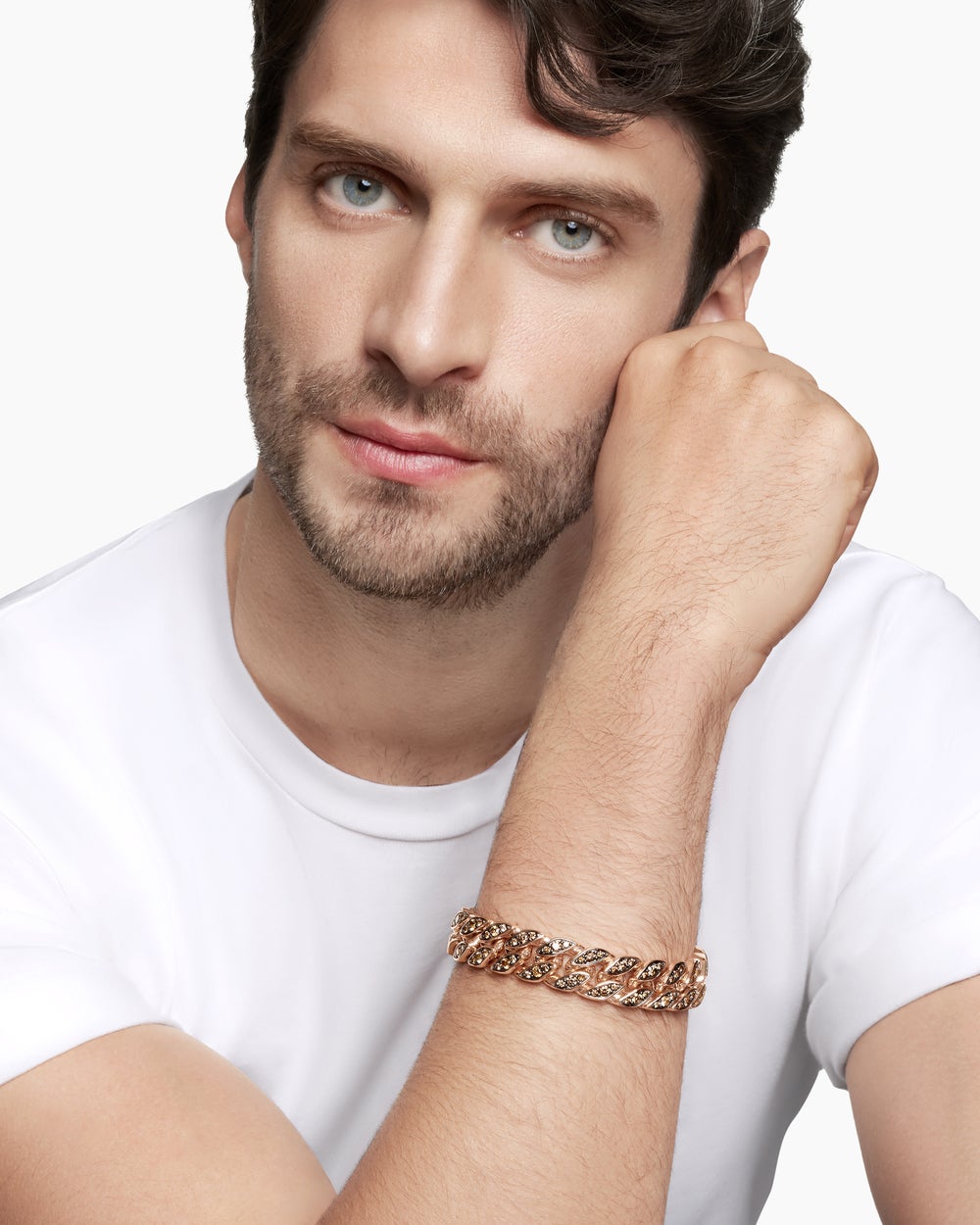 Mens Curb Chain Bracelet in 18K Rose Gold with Cognac Diamonds, 14.5mm