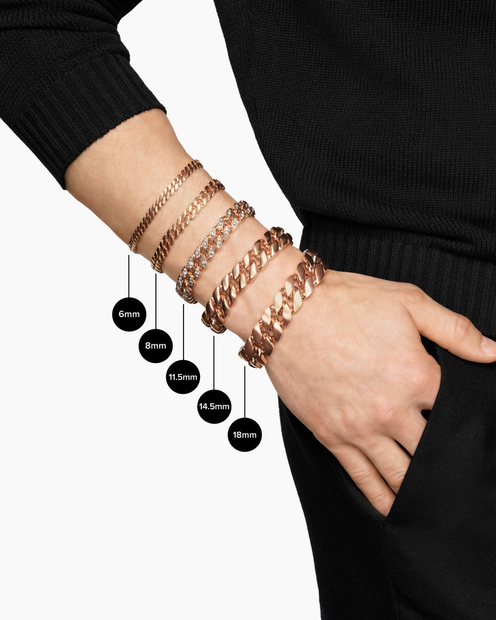 Mens Curb Chain Bracelet in 18K Rose Gold with Cognac Diamonds, 14.5mm