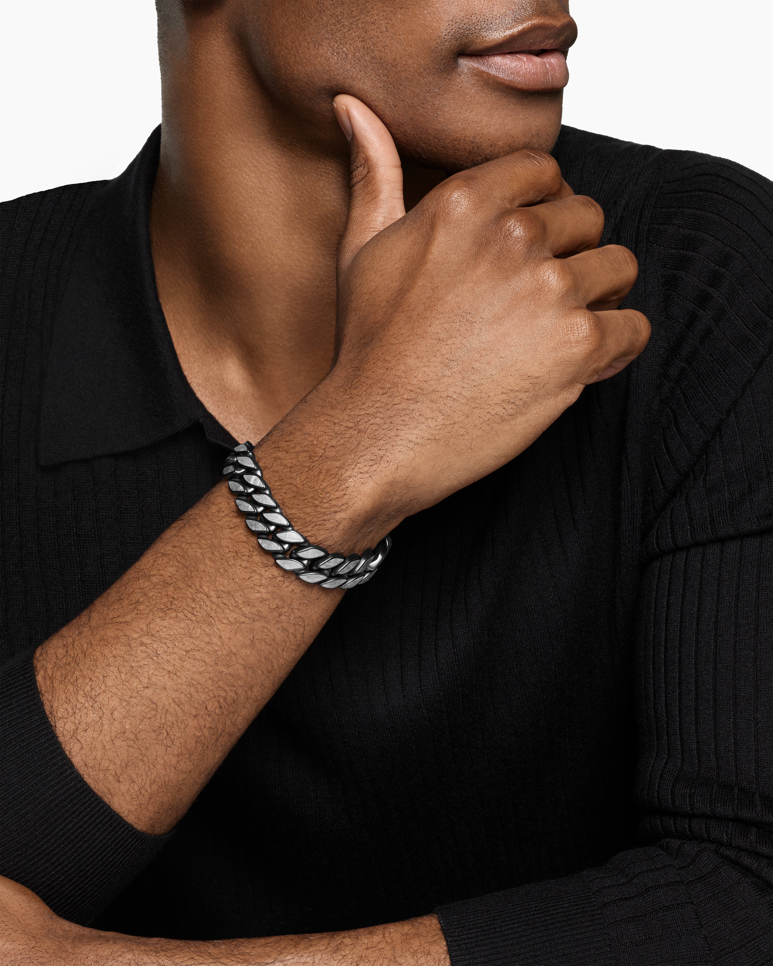 Curb Chain Bracelet Black Titanium with Meteorite, 14.5mm