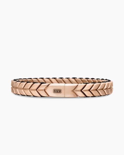 Mens Chevron Woven Bracelet in 18K Rose Gold and Black Nylon, 9mm