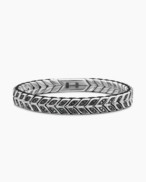 Mens Chevron Woven Bracelet in Sterling Silver with Black Diamonds and Black Nylon, 9mm