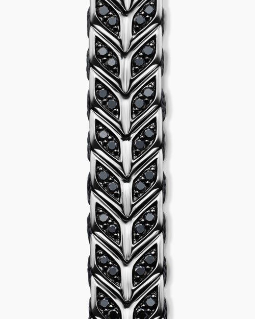 Mens Chevron Woven Bracelet in Sterling Silver with Black Diamonds and Black Nylon, 9mm