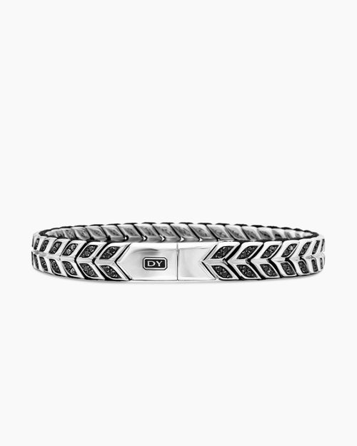 Mens Chevron Woven Bracelet in Sterling Silver with Black Diamonds and Black Nylon, 9mm