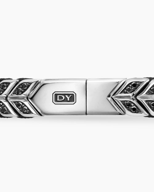 Mens Chevron Woven Bracelet in Sterling Silver with Black Diamonds and Black Nylon, 9mm