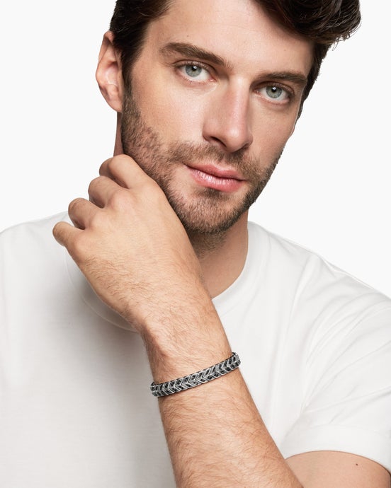 Chevron Woven Bracelet in Sterling Silver with Black Diamonds and Black Nylon, 9mm