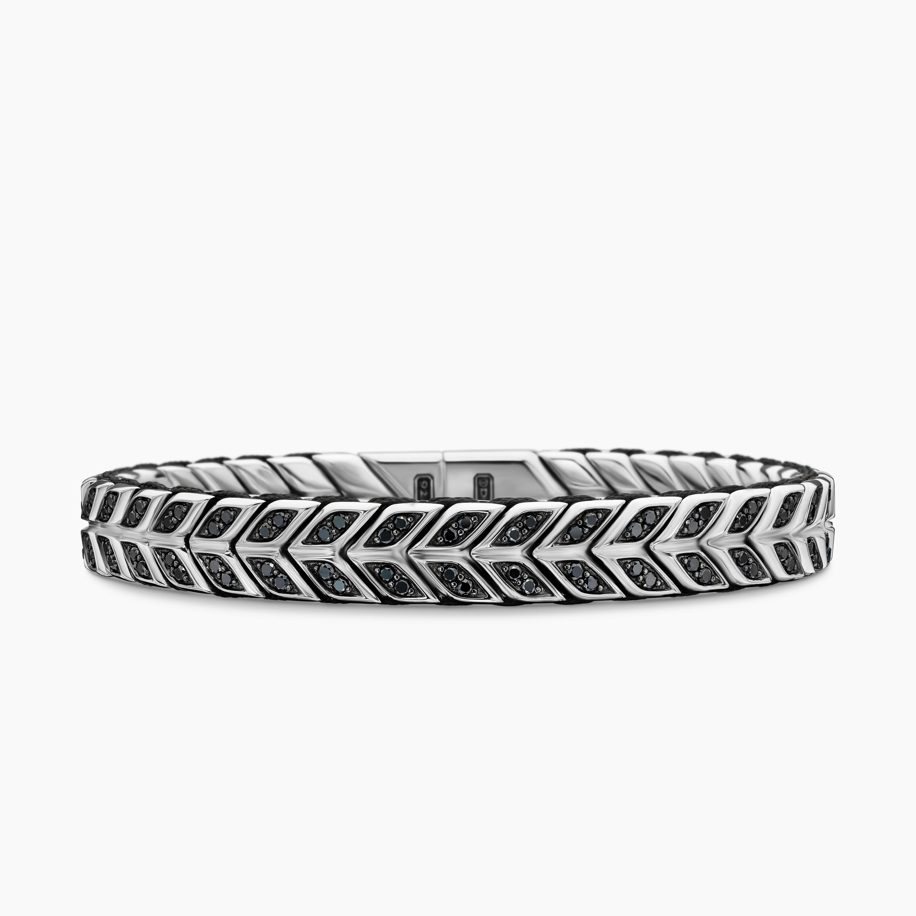 Mens Chevron Woven Bracelet in Sterling Silver with Black Diamonds and Black Nylon, 9mm