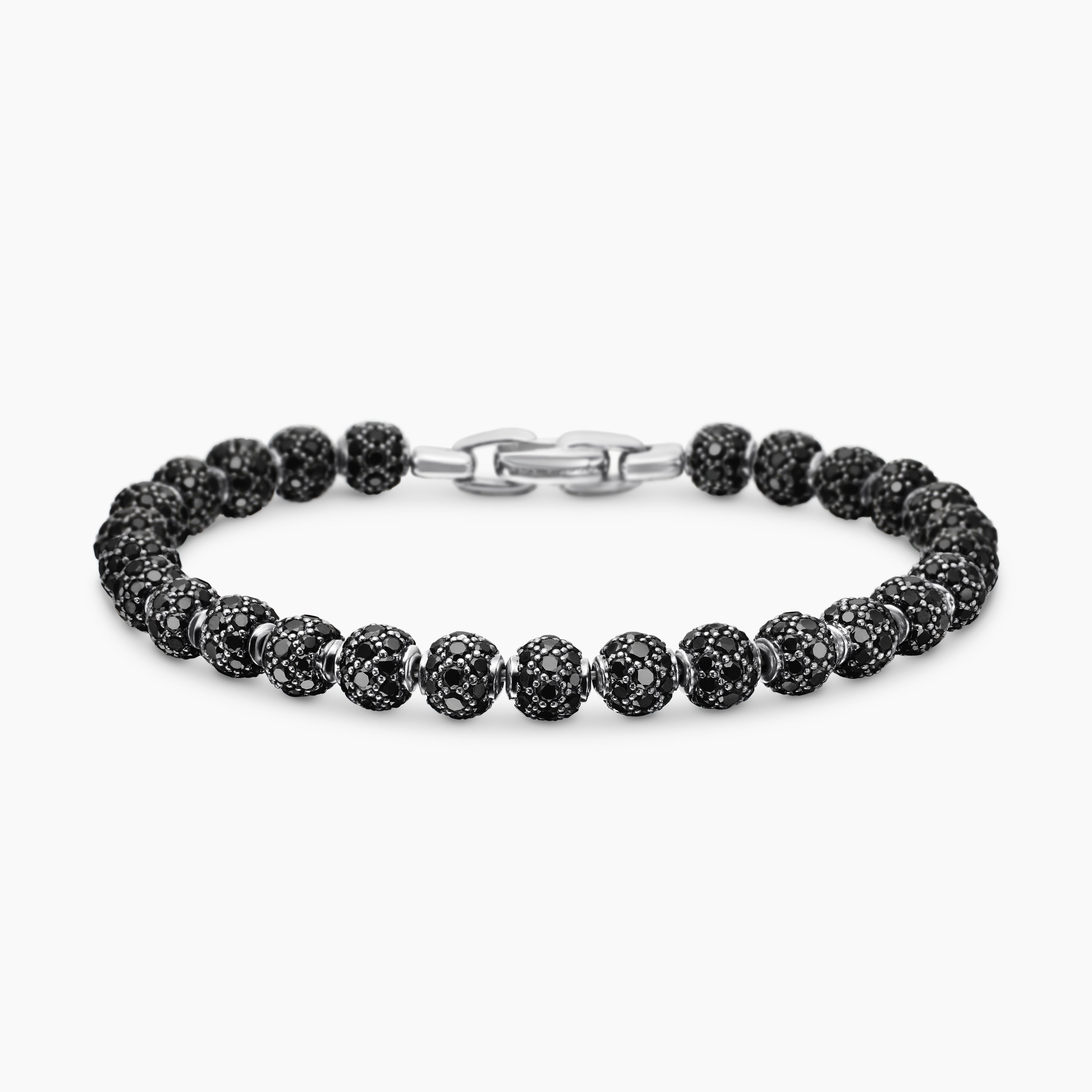 Mens Spiritual Beads Bracelet in Platinum and Pav&eacute; Black Diamonds, 6mm