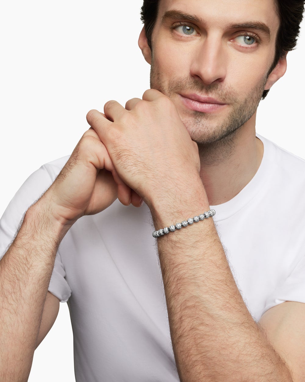 Mens Spiritual Beads Bracelet in Sterling Silver with Pavé Diamonds, 6mm