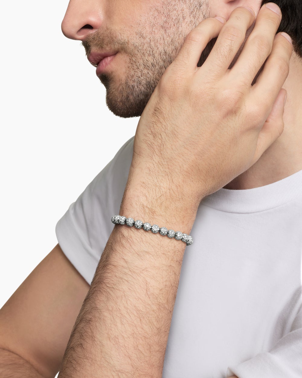Mens Spiritual Beads Bracelet in Sterling Silver with Pavé Diamonds, 6mm