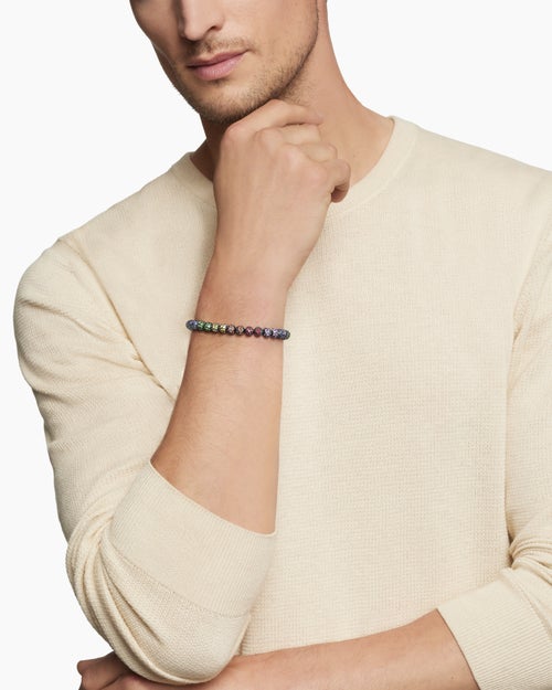 Mens Spiritual Beads Bracelet in Sterling Silver with Pavé, 6mm