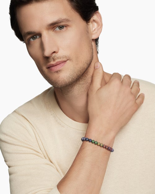 Mens Spiritual Beads Bracelet in Sterling Silver with Pavé, 6mm