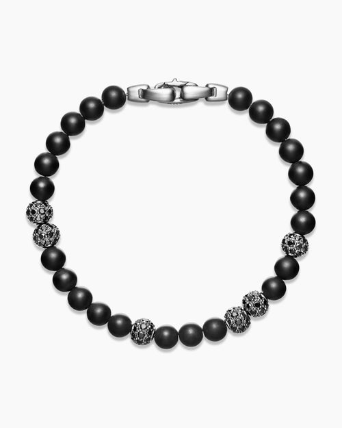 Mens Spiritual Beads Bracelet in Sterling Silver with Black Onyx and Pavé Black Diamonds, 6mm