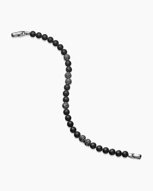 Mens Spiritual Beads Bracelet in Sterling Silver with Black Onyx and Pavé Black Diamonds, 6mm