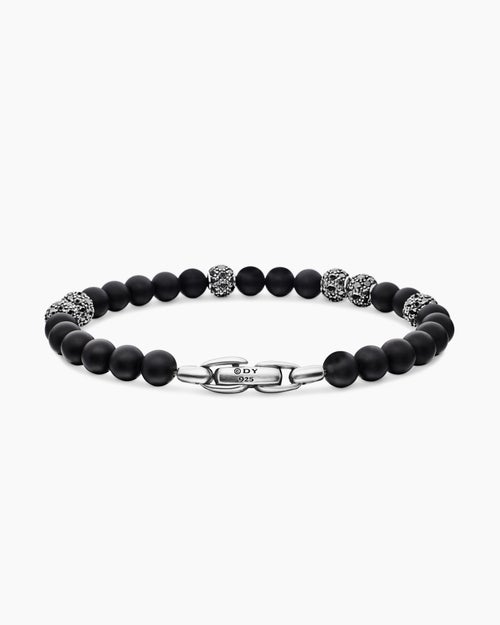 Mens Spiritual Beads Bracelet in Sterling Silver with Black Onyx and Pavé Black Diamonds, 6mm