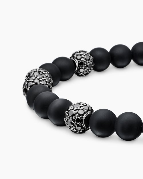 Mens Spiritual Beads Bracelet in Sterling Silver with Black Onyx and Pavé Black Diamonds, 6mm