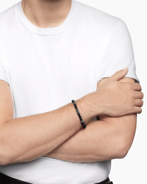 Mens Spiritual Beads Bracelet in Sterling Silver with Black Onyx and Pavé Black Diamonds, 6mm