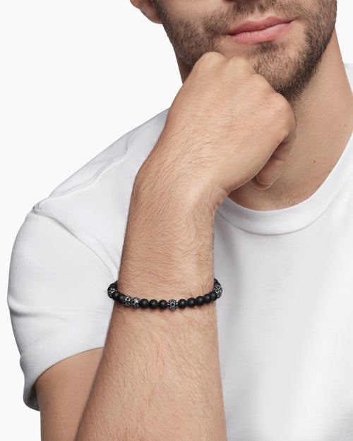 Mens Spiritual Beads Bracelet in Sterling Silver with Black Onyx and Pavé Black Diamonds, 6mm