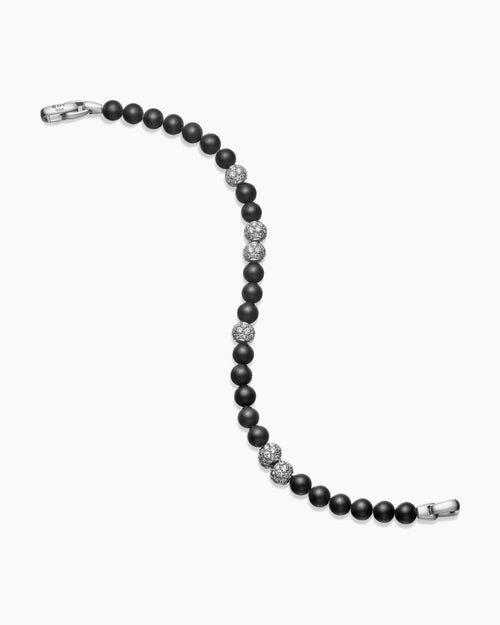 Mens Spiritual Beads Bracelet in Sterling Silver with Black Onyx and Pavé Diamonds, 6mm