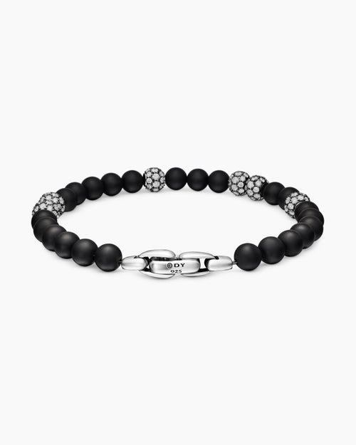 Mens Spiritual Beads Bracelet in Sterling Silver with Black Onyx and Pavé Diamonds, 6mm