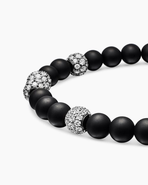 Mens Spiritual Beads Bracelet in Sterling Silver with Black Onyx and Pavé Diamonds, 6mm