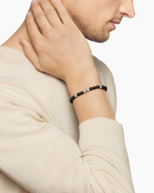 Mens Spiritual Beads Bracelet in Sterling Silver with Black Onyx and Pavé Diamonds, 6mm