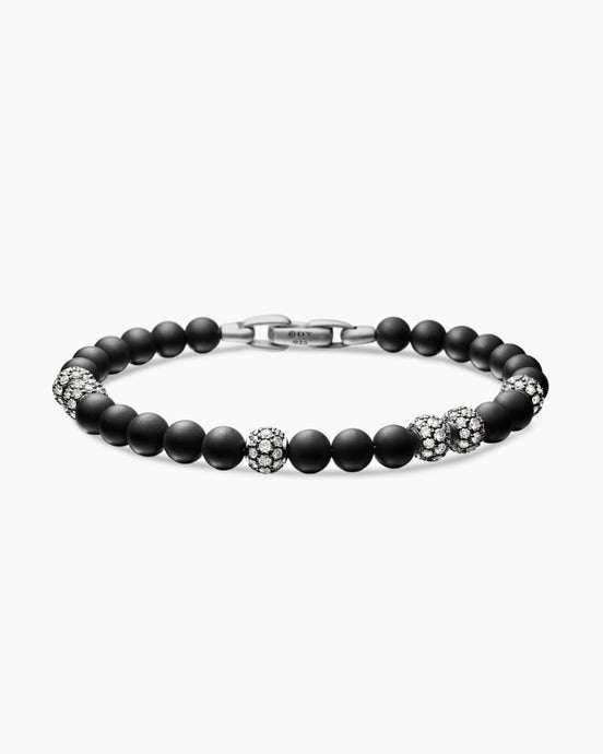Spiritual Beads Bracelet in Sterling Silver with Black Onyx and Pavé Diamonds, 6mm