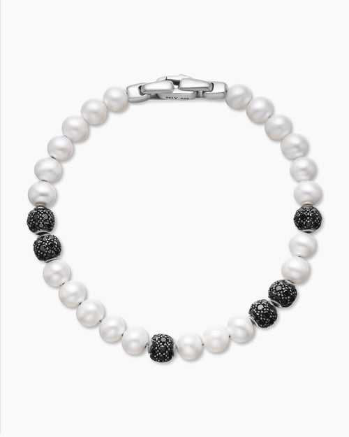 Mens Spiritual Beads Bracelet in Sterling Silver with Pearls and Pavé Black Diamonds, 6mm