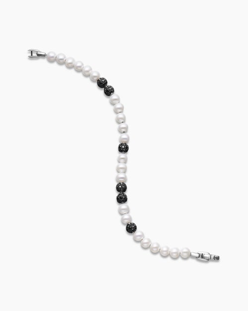 Mens Spiritual Beads Bracelet in Sterling Silver with Pearls and Pavé Black Diamonds, 6mm